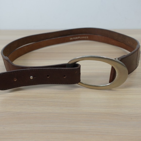 Brown Leather  Waist Belt Womens S Silver Oval Buckle Double Strap INTERPLANET main image 15